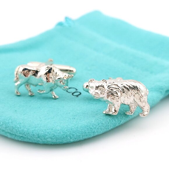 Mint Tiffany & Co. Sterling Silver Bull Bear Wall Street Stock Market Cufflinks